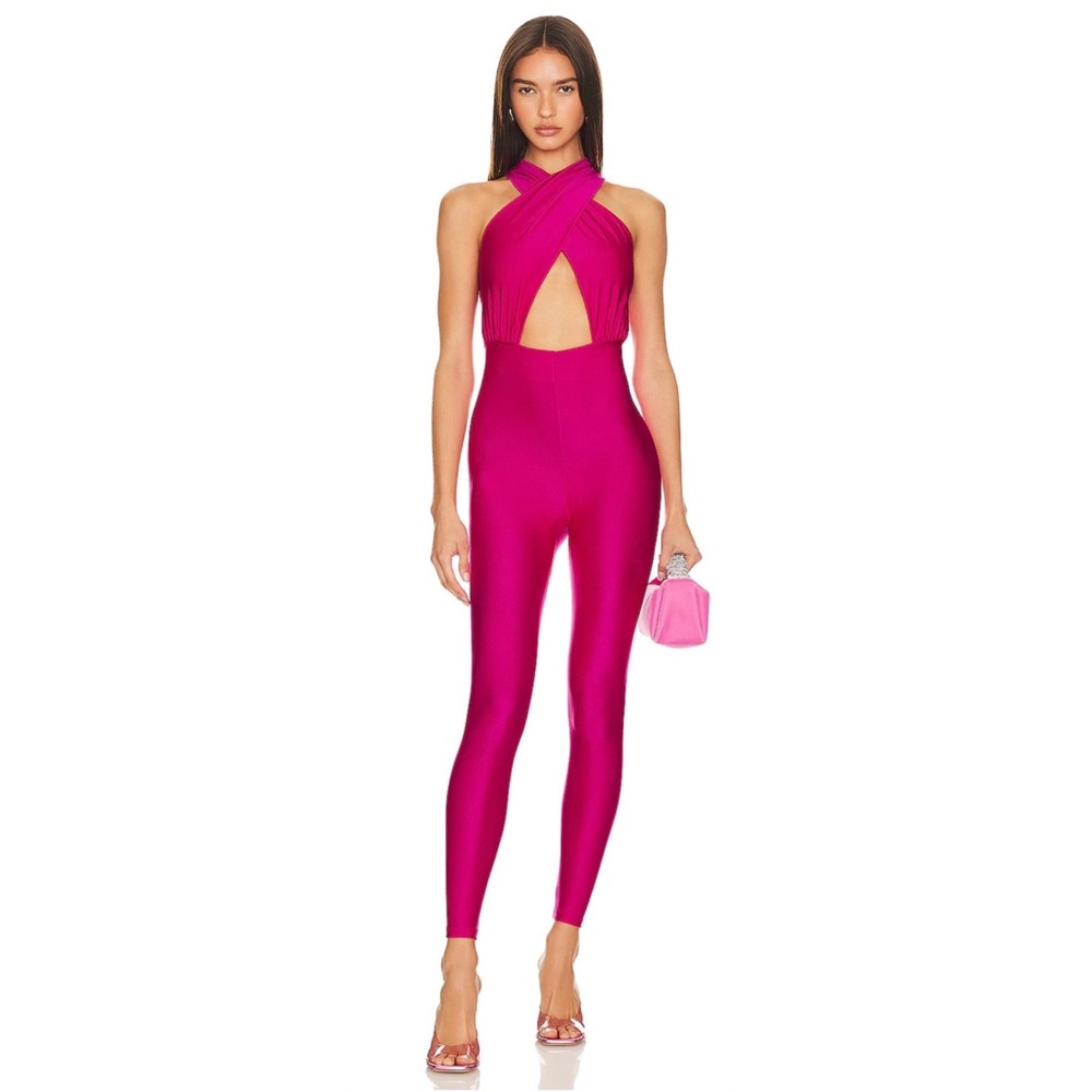 The Andamane Hola Halterneck Jumpsuit Sz M Fuchsia Pink High Waisted Cutout NEW